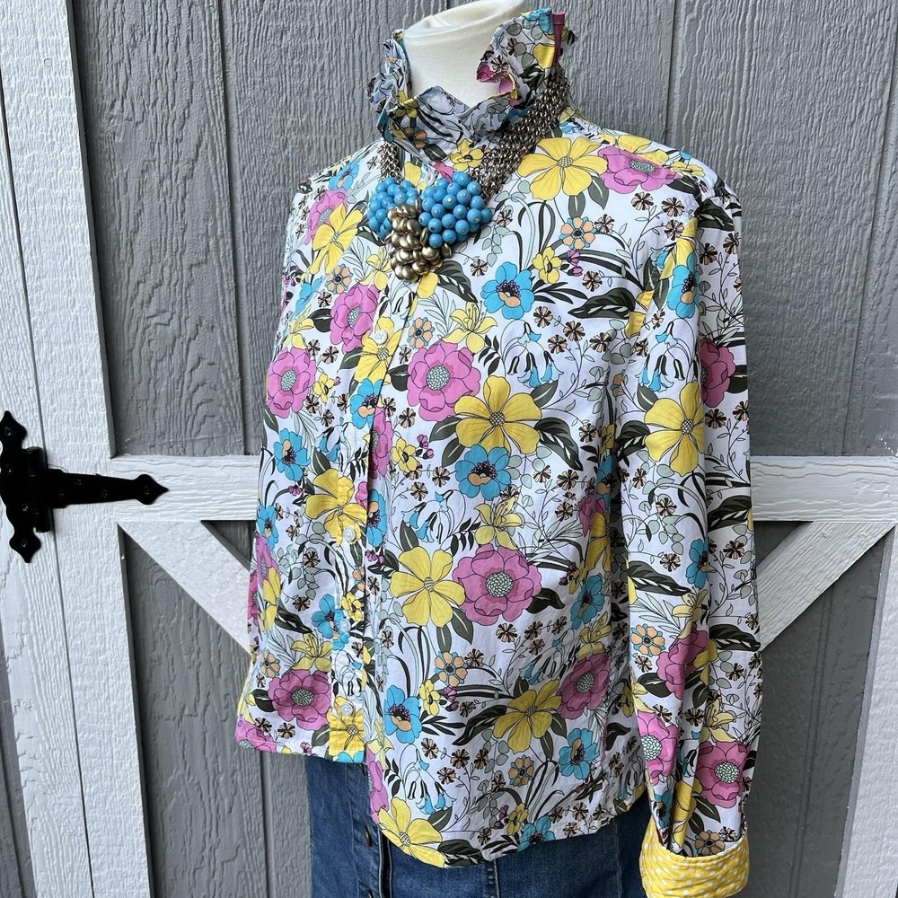 Upcycled Hippy Talbots Liberty Like Floral & Polka Dot Ruffle Collar Shirt L - Picture 4 of 10
